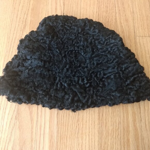 Vintage Curly Lamb Fur Hat Black Winter Garrison Cap XS - Picture 10 of 14